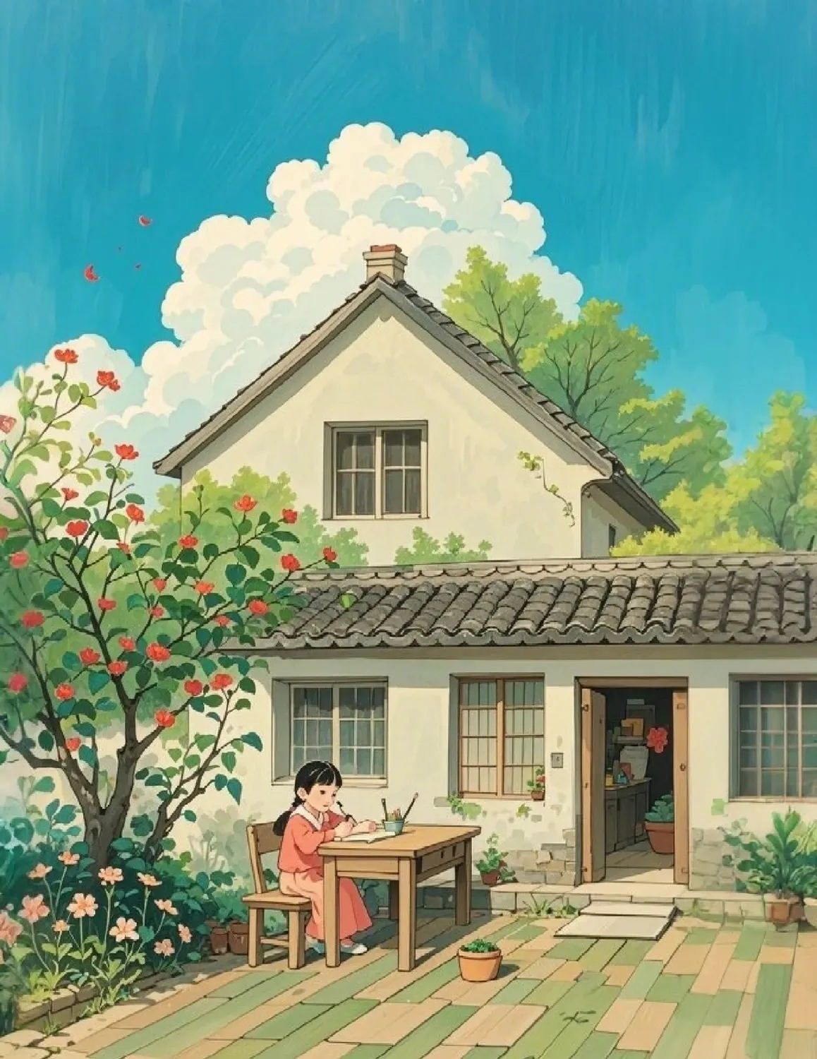 儿时记忆-农家门口小桌旁写作业