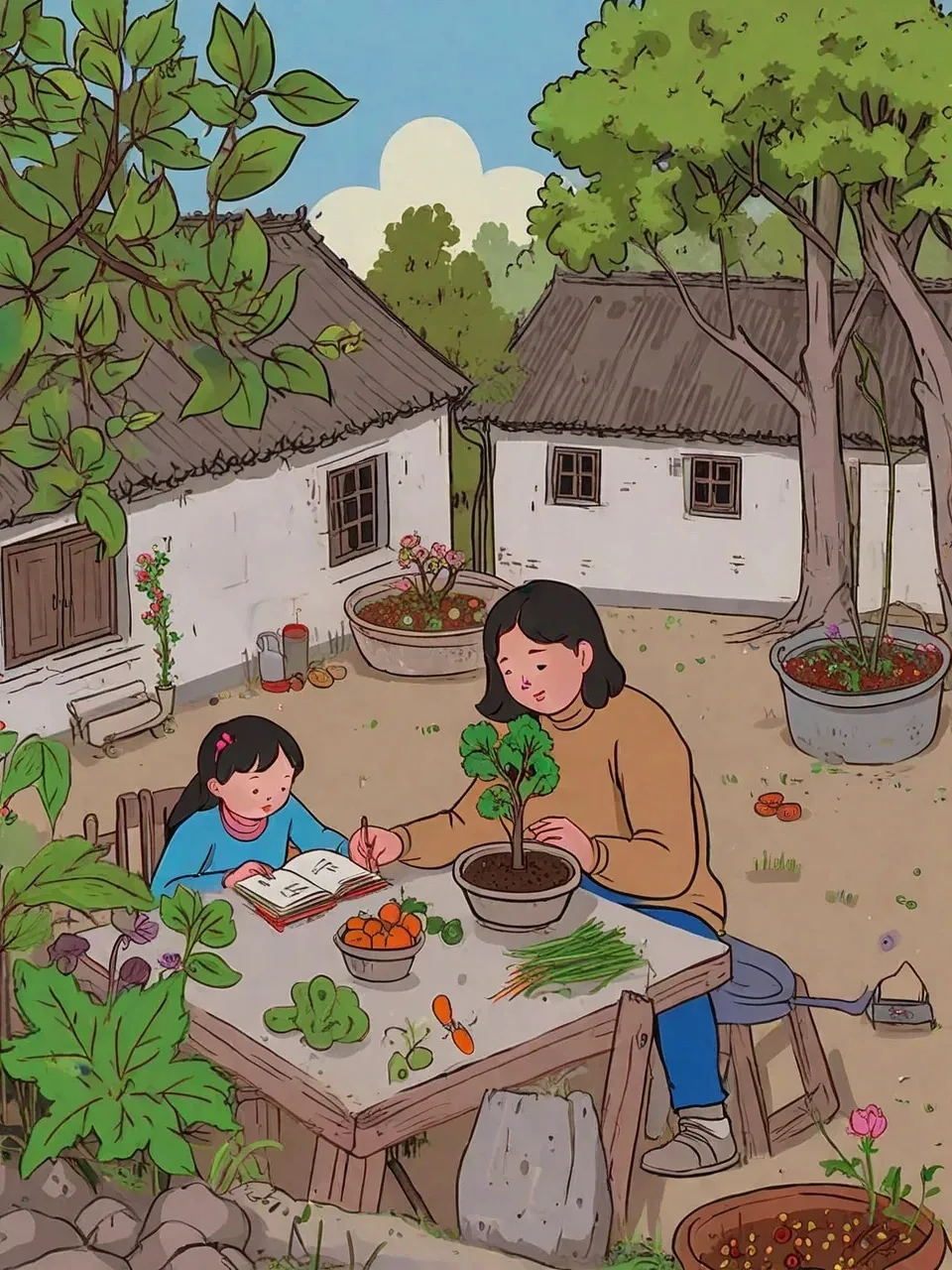 儿时记忆-院子里我和妈妈学习的场景