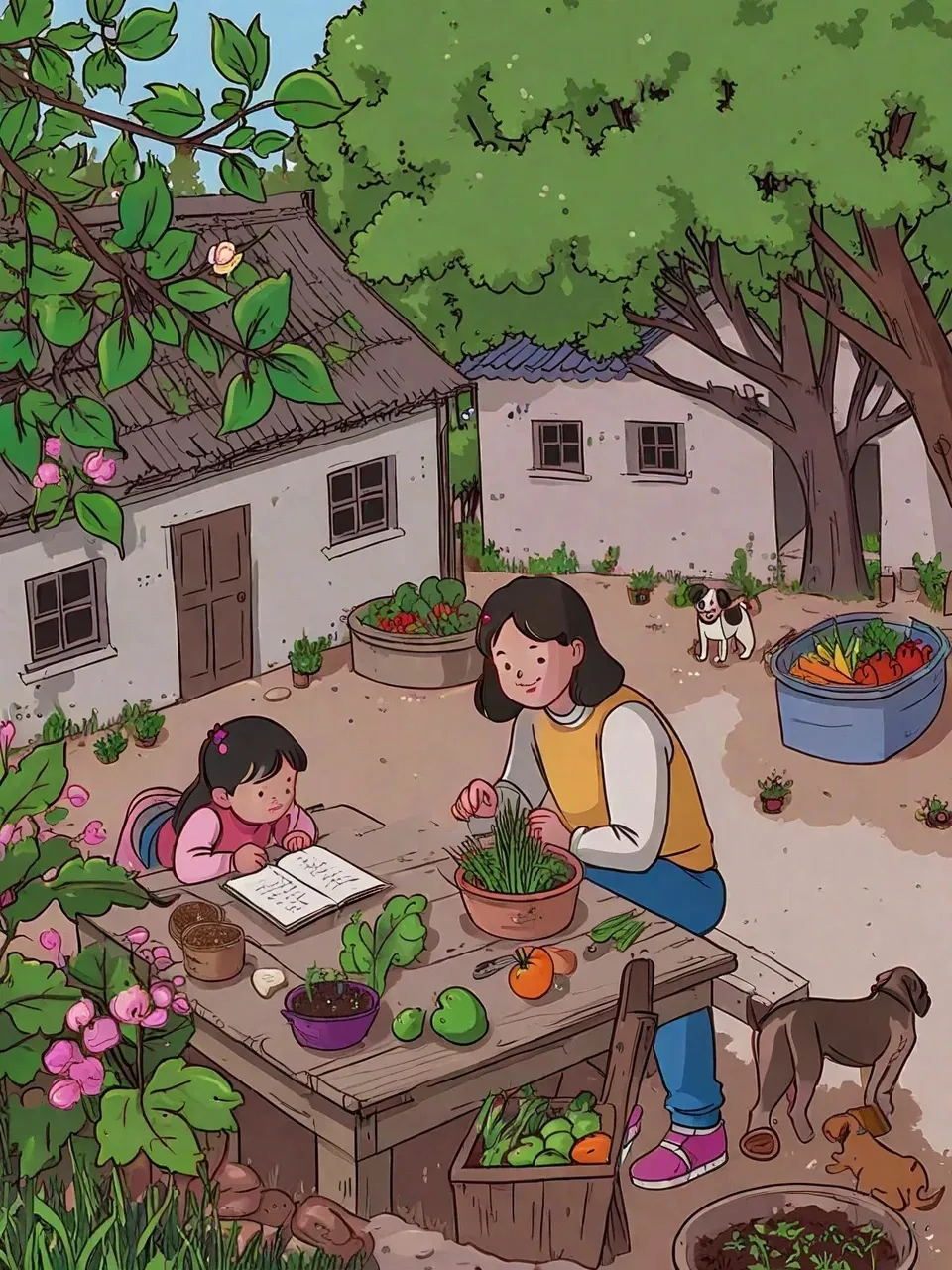 儿时记忆-院子里我和妈妈学习的场景